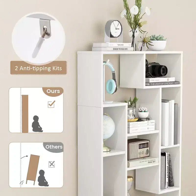 Costway 47 Tall Bookshelf Modern Geometric Bookcase with Open Shelves Anti-tipping Kits White/Black&Natural