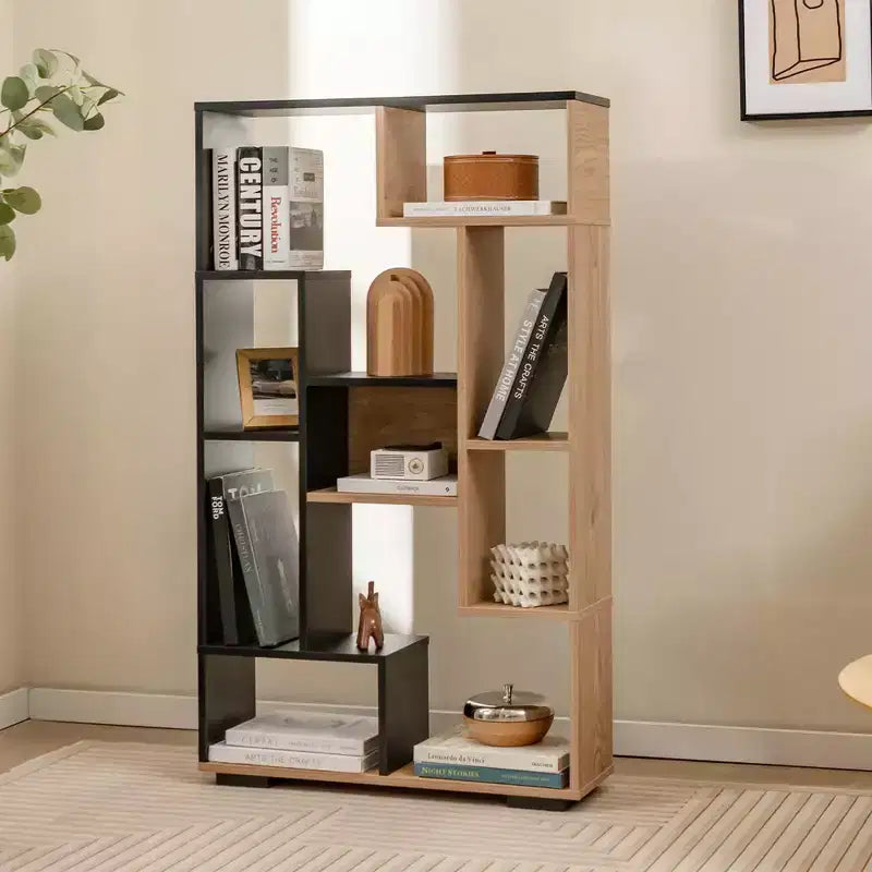 Costway 47 Tall Bookshelf Modern Geometric Bookcase with Open Shelves Anti-tipping Kits White/Black&Natural