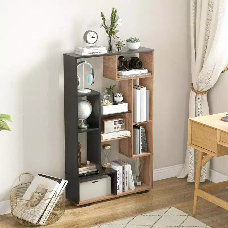 Costway 47 Tall Bookshelf Modern Geometric Bookcase with Open Shelves Anti-tipping Kits White/Black&Natural