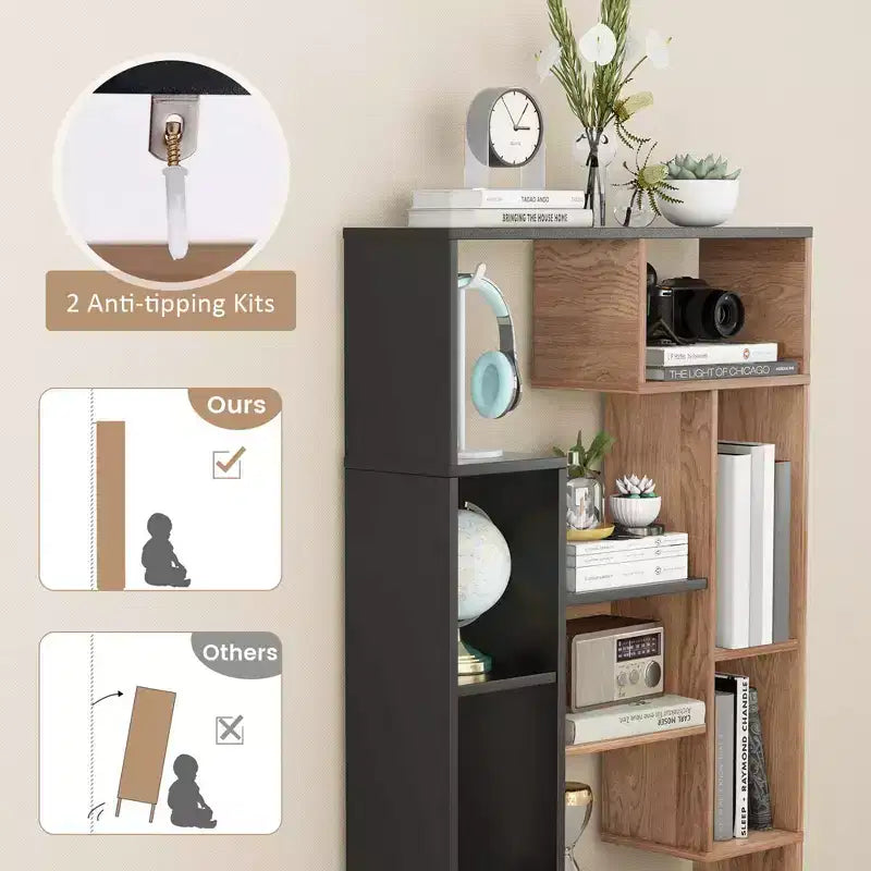 Costway 47 Tall Bookshelf Modern Geometric Bookcase with Open Shelves Anti-tipping Kits White/Black&Natural