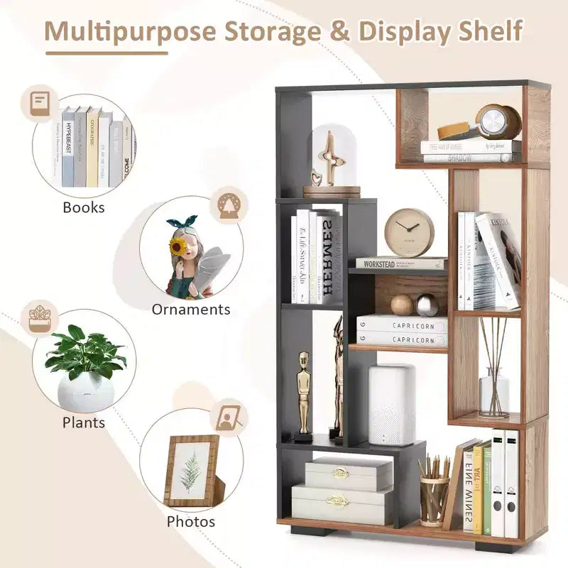 Costway 47 Tall Bookshelf Modern Geometric Bookcase with Open Shelves Anti-tipping Kits White/Black&Natural