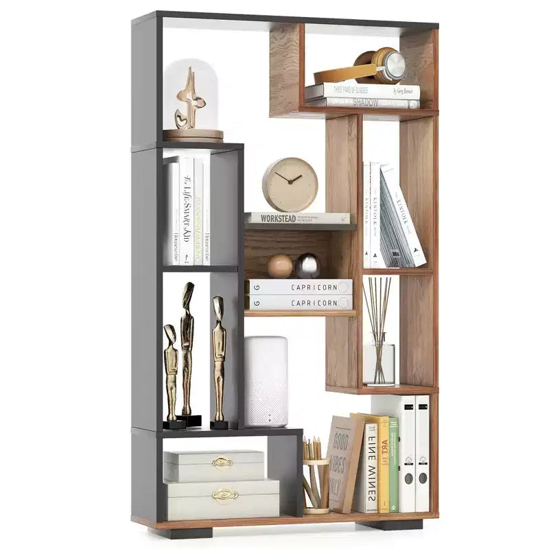 Costway 47 Tall Bookshelf Modern Geometric Bookcase with Open Shelves Anti-tipping Kits White/Black&Natural