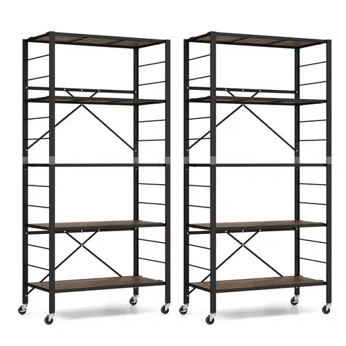 Costway 2 PCS 5-Tier Folding Shelf Free DIY Design Shelving Unit with 4 Universal Wheels Black/Natural