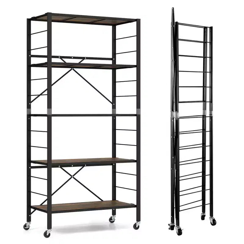 Costway 2 PCS 5-Tier Folding Shelf Free DIY Design Shelving Unit with 4 Universal Wheels Black/Natural