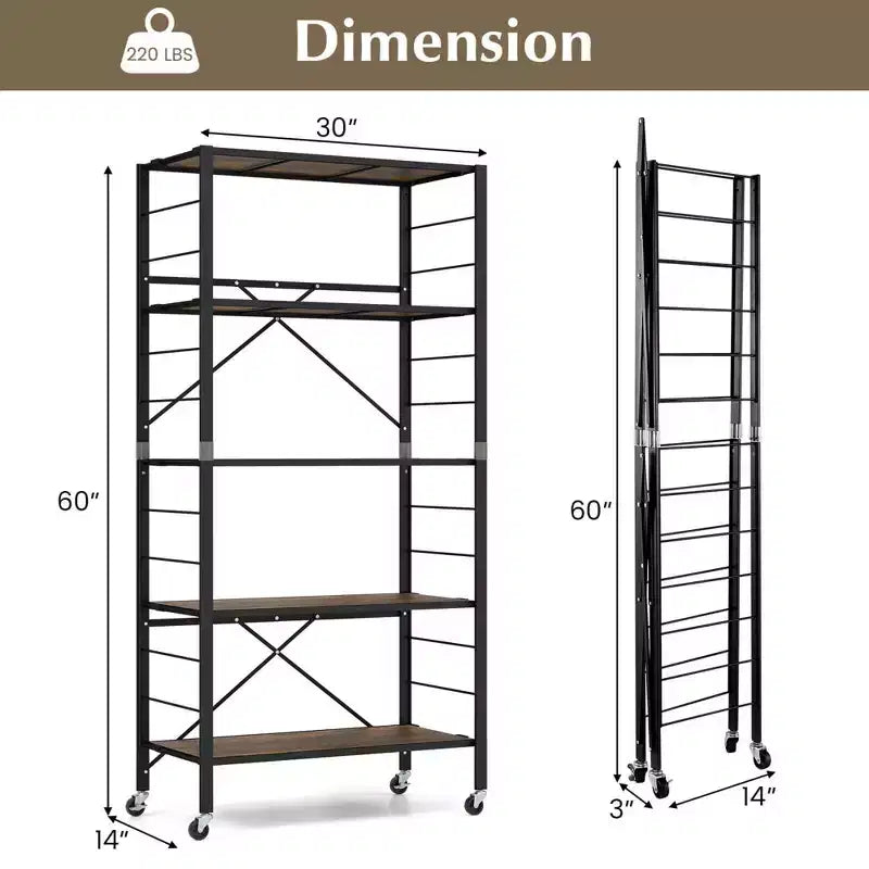 Costway 2 PCS 5-Tier Folding Shelf Free DIY Design Shelving Unit with 4 Universal Wheels Black/Natural
