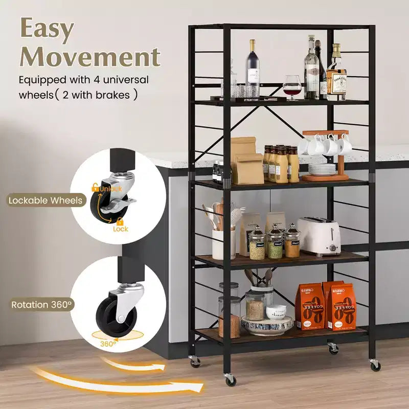 Costway 2 PCS 5-Tier Folding Shelf Free DIY Design Shelving Unit with 4 Universal Wheels Black/Natural