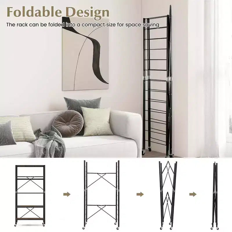 Costway 2 PCS 5-Tier Folding Shelf Free DIY Design Shelving Unit with 4 Universal Wheels Black/Natural