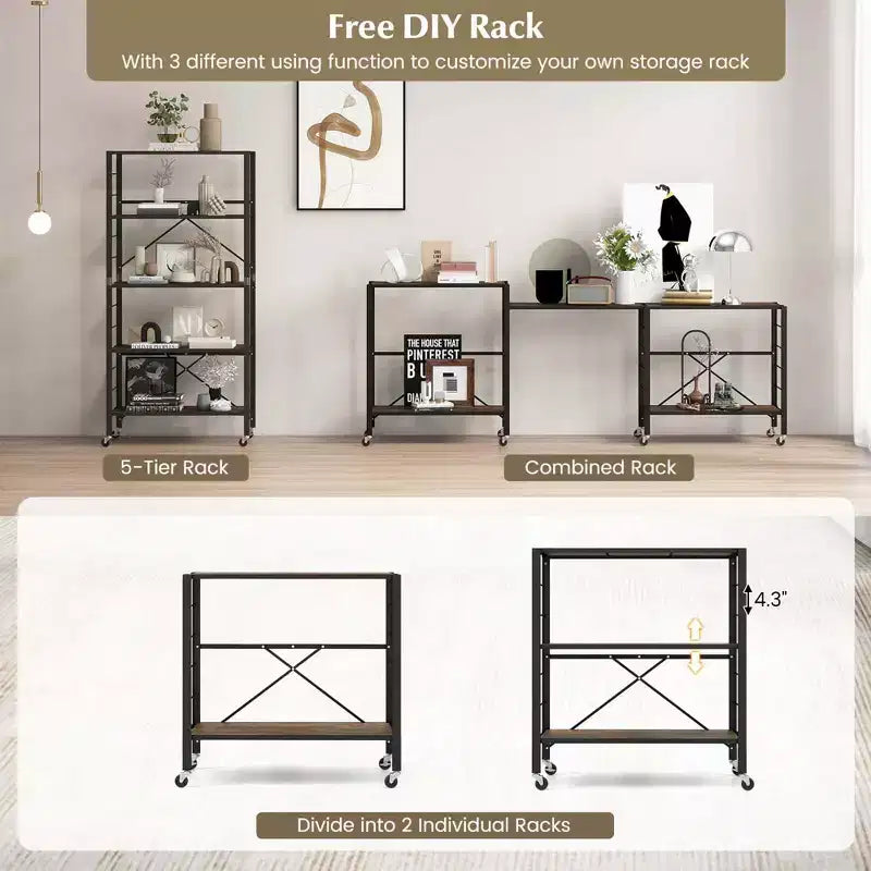 Costway 2 PCS 5-Tier Folding Shelf Free DIY Design Shelving Unit with 4 Universal Wheels Black/Natural