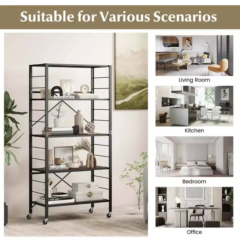 Costway 2 PCS 5-Tier Folding Shelf Free DIY Design Shelving Unit with 4 Universal Wheels Black/Natural