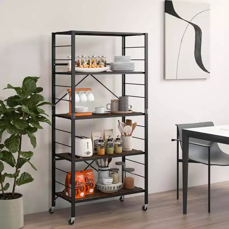 Costway 2 PCS 5-Tier Folding Shelf Free DIY Design Shelving Unit with 4 Universal Wheels Black/Natural